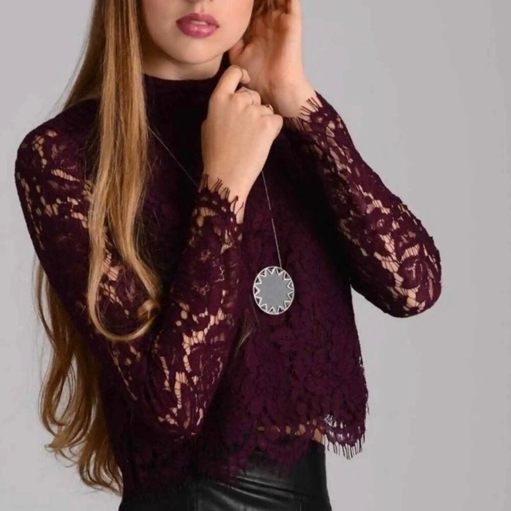 Chaser Long Sleeve High Neck Lace Crop Top